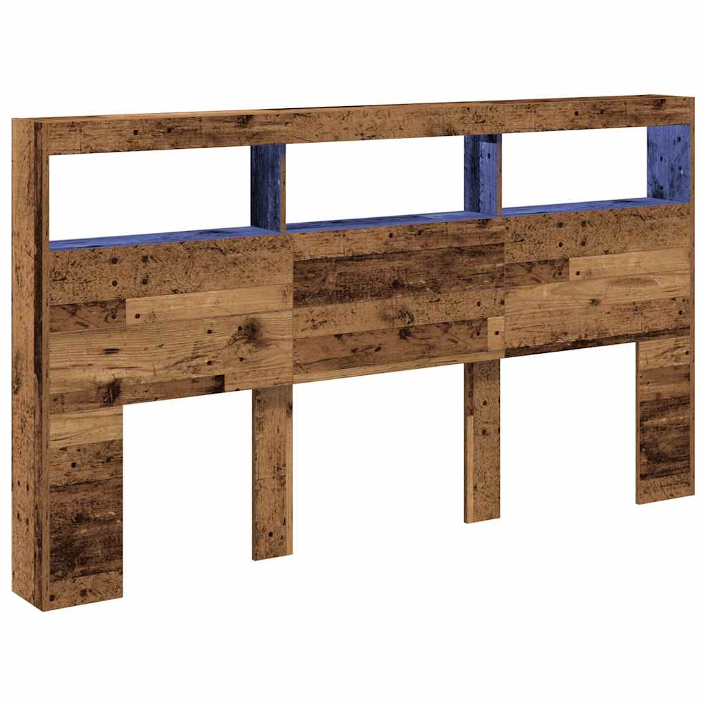 sengegavl med opbevaring og LED-lys 180x17x102 cm antikt træ