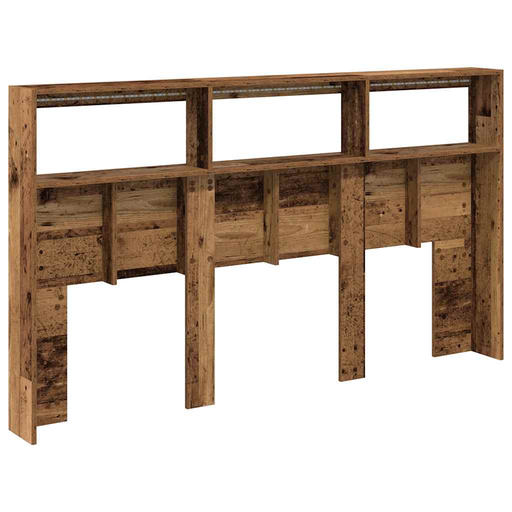sengegavl med opbevaring og LED-lys 180x17x102 cm antikt træ
