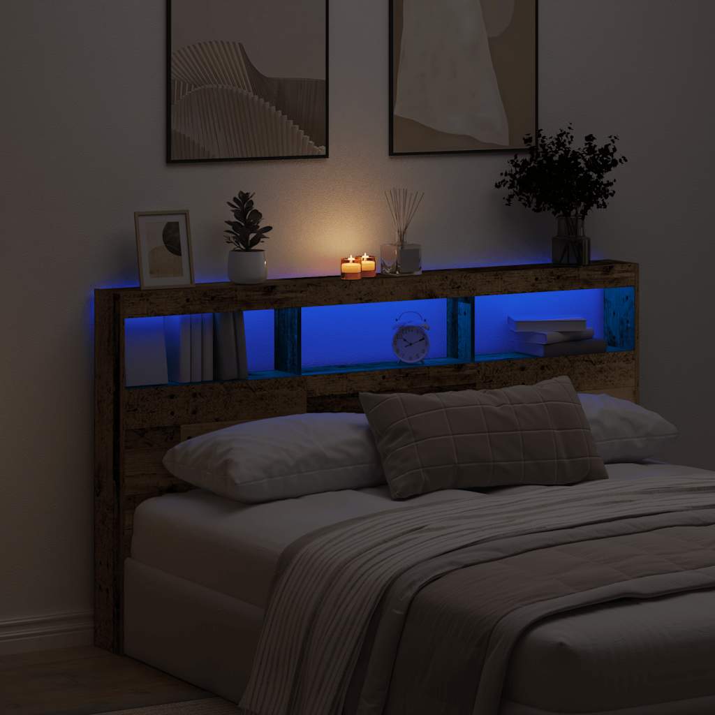 sengegavl med opbevaring og LED-lys 180x17x102 cm antikt træ