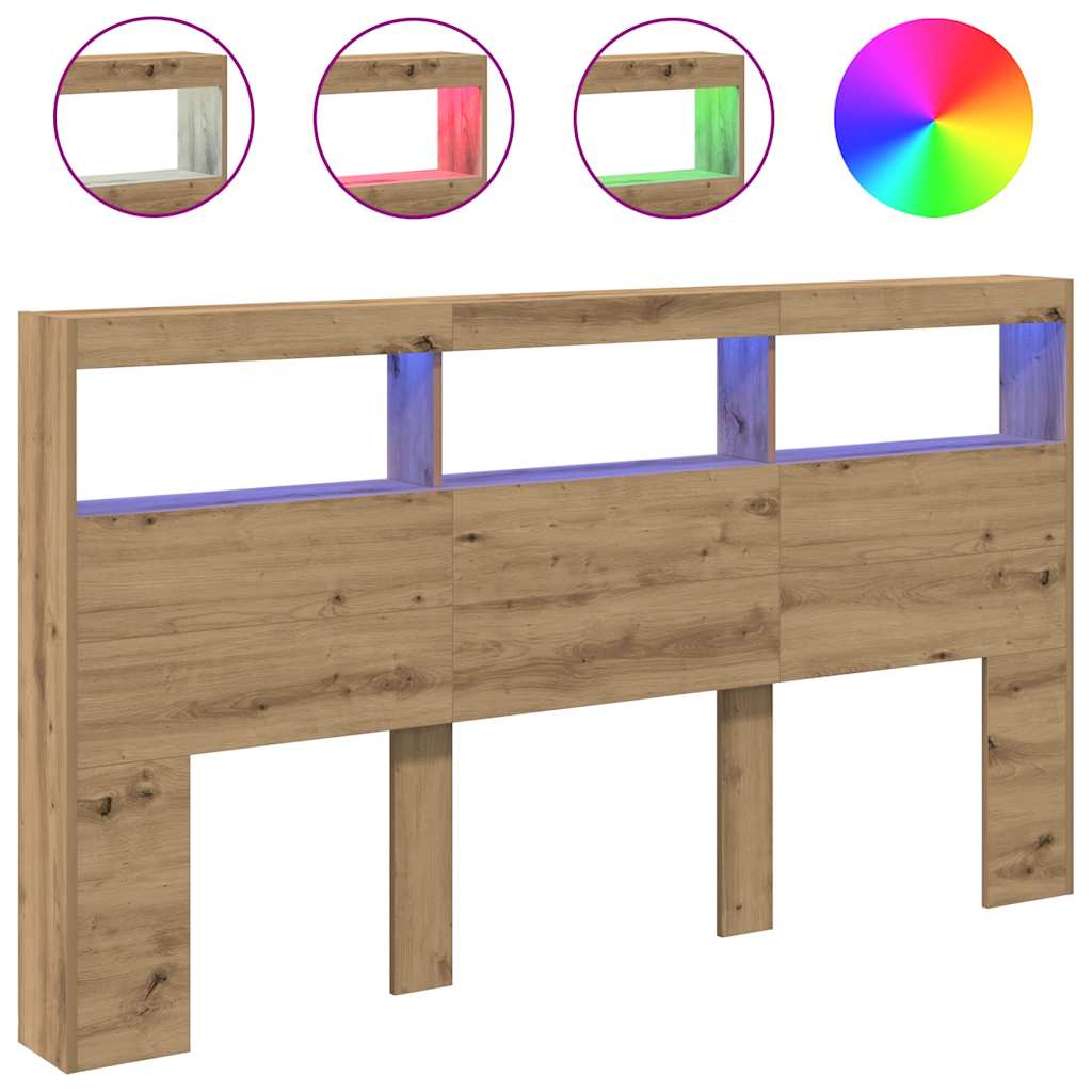 sengegavl med opbevaring og LED-lys 180x17x102 cm kunsteg
