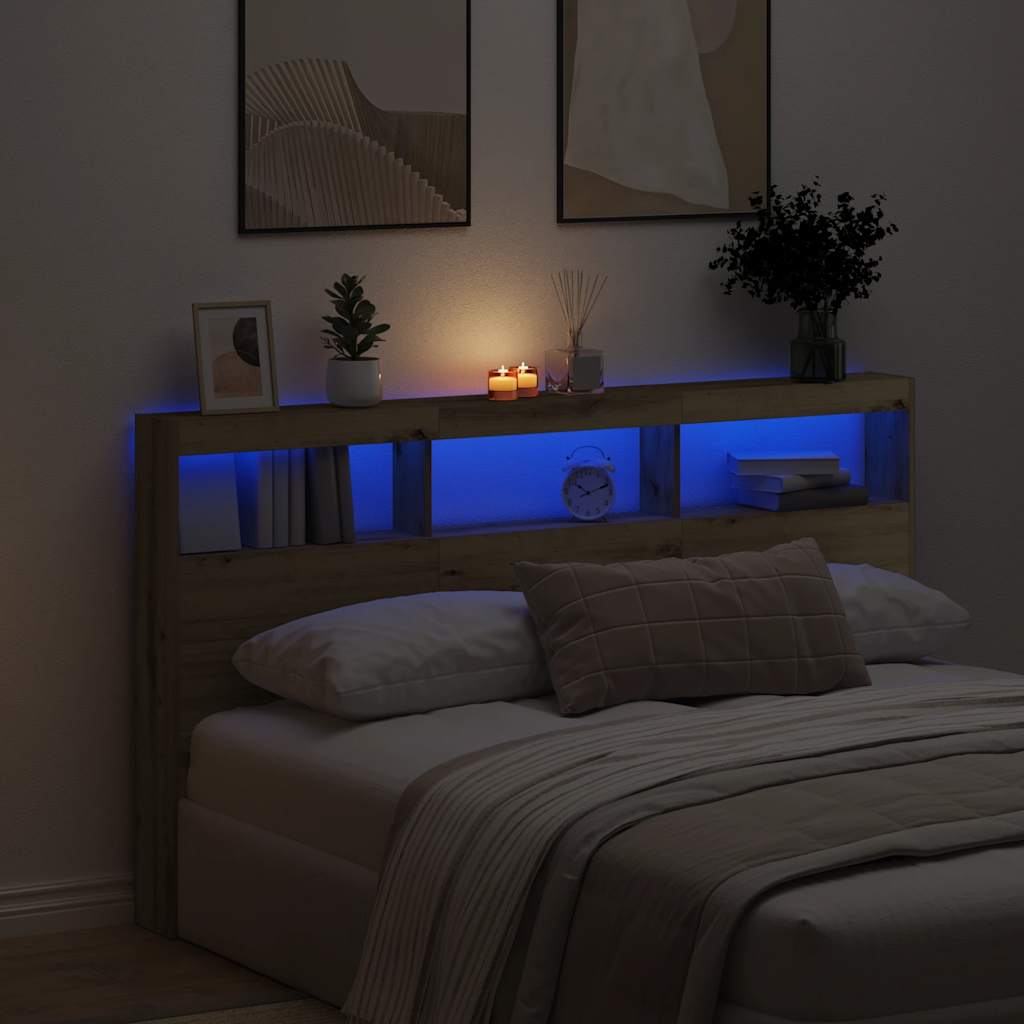 sengegavl med opbevaring og LED-lys 180x17x102 cm kunsteg