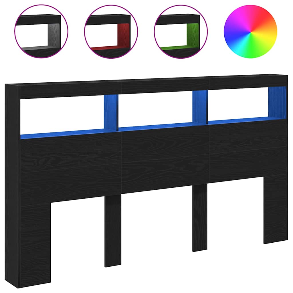 sengegavl med opbevaring og LED-lys 180x17x102 cm sort eg