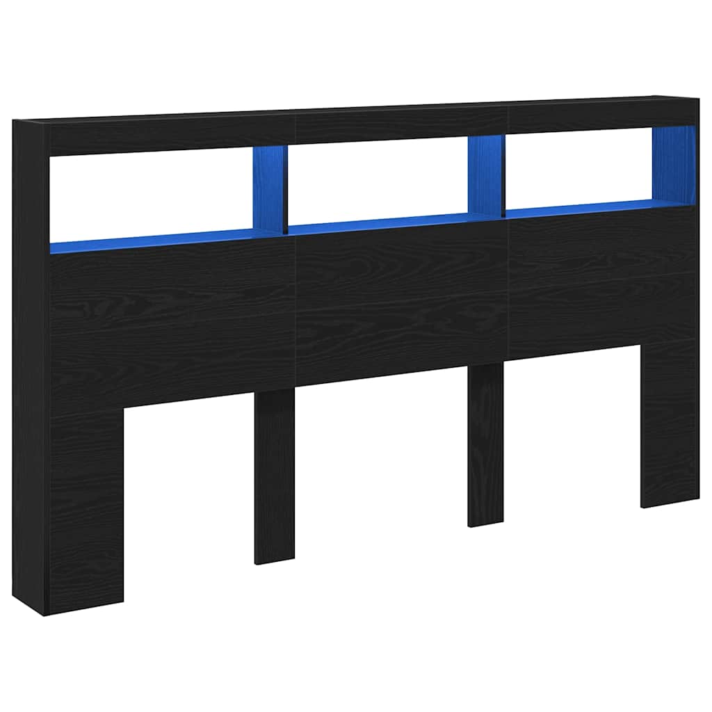 sengegavl med opbevaring og LED-lys 180x17x102 cm sort eg