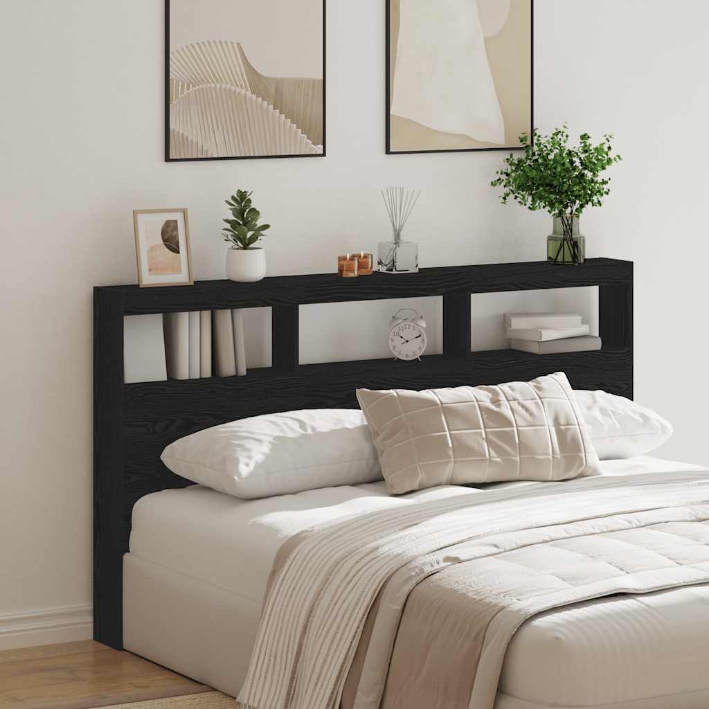 sengegavl med opbevaring og LED-lys 180x17x102 cm sort eg