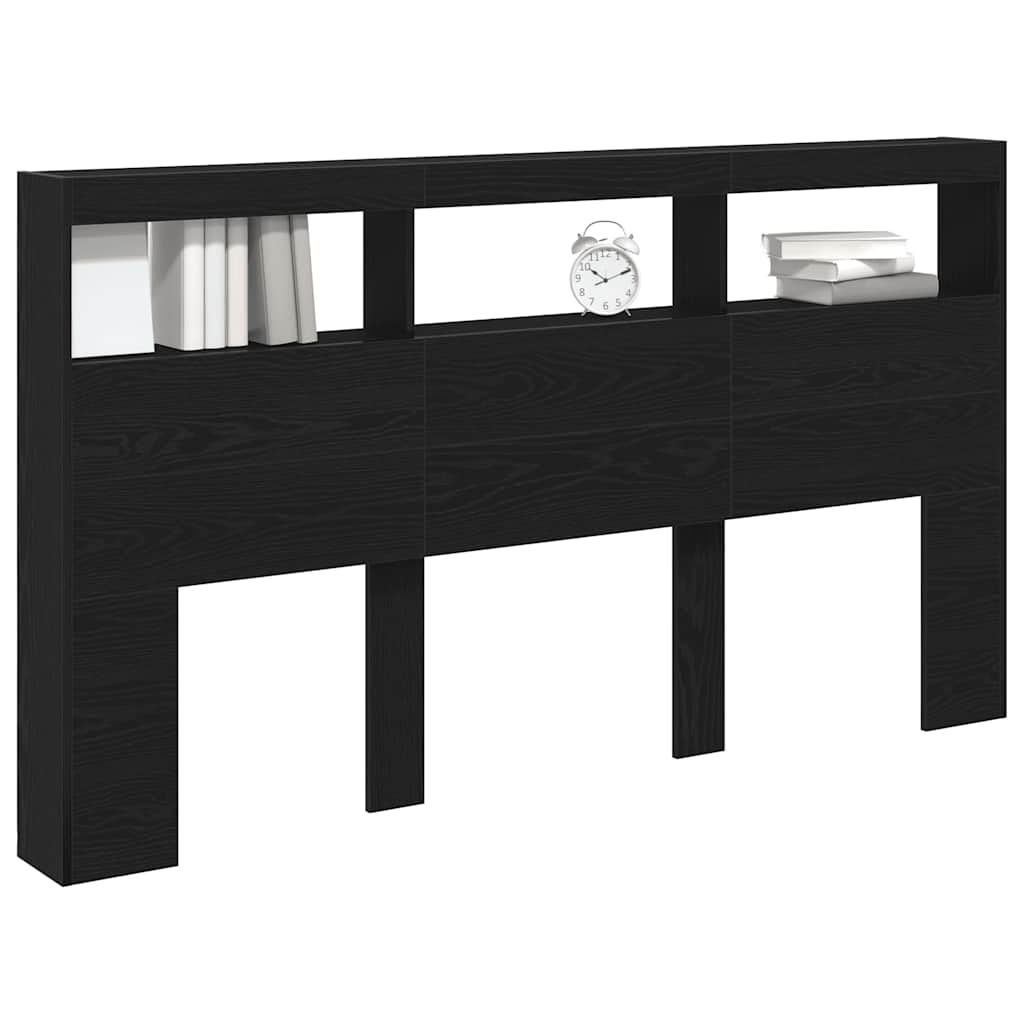 sengegavl med opbevaring og LED-lys 180x17x102 cm sort eg
