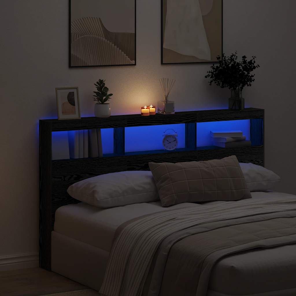 sengegavl med opbevaring og LED-lys 180x17x102 cm sort eg