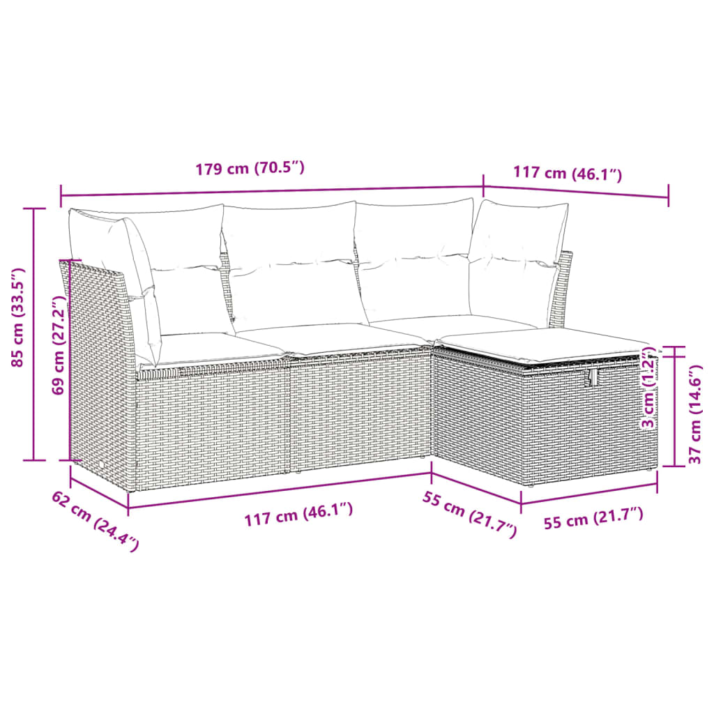 sofasæt til haven 4 dele med hynder polyrattan sort