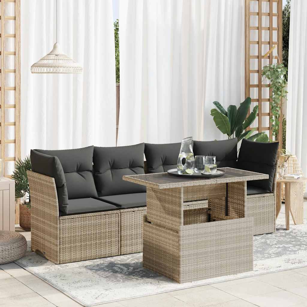 sofasæt 5 dele med hynder polyrattan lysegrå