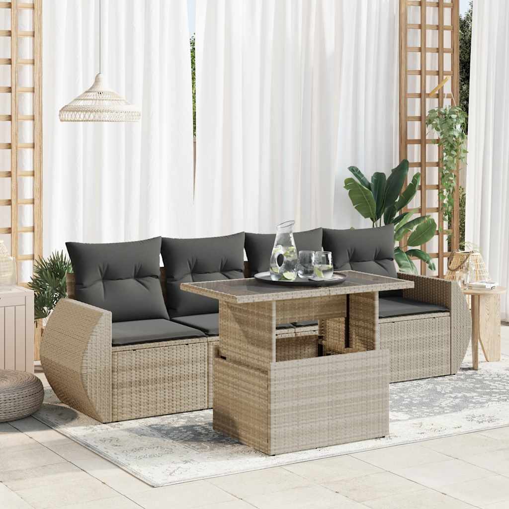 sofasæt 5 dele med hynder polyrattan lysegrå