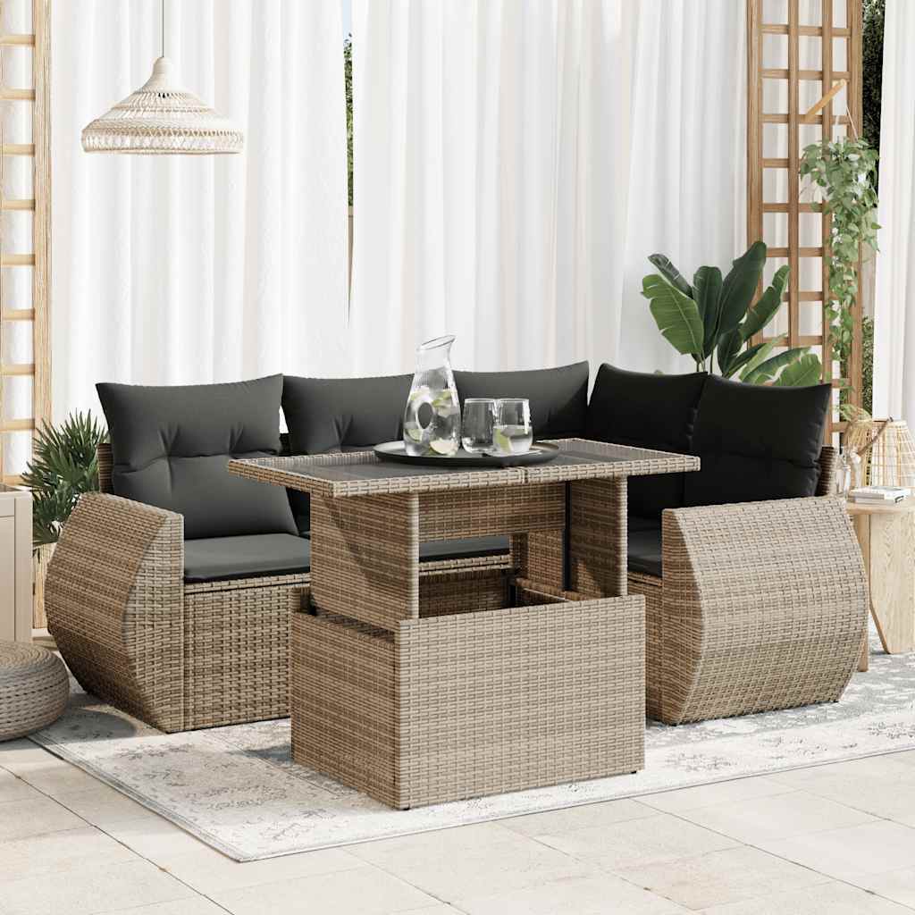 sofasæt 5 dele med hynder polyrattan grå