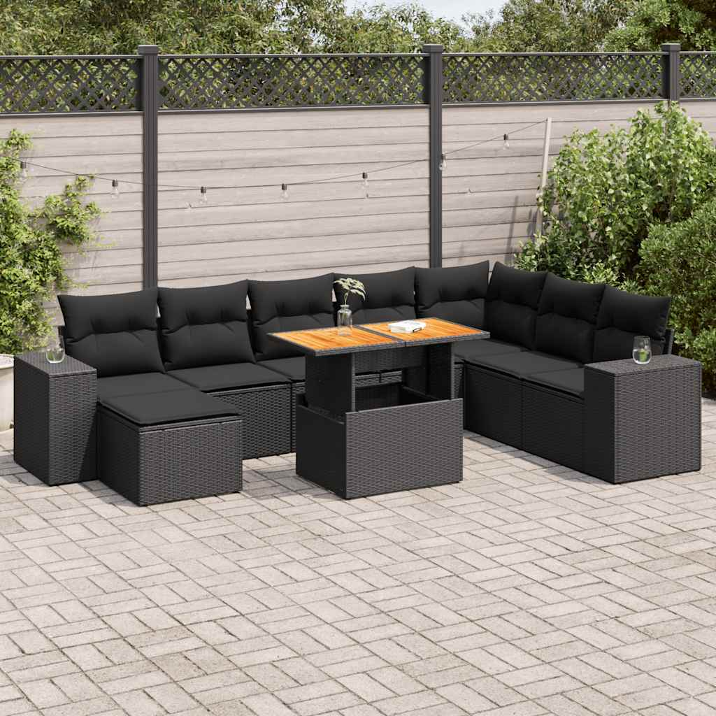 sofasæt til haven 9 dele med hynder polyrattan akacietræ sort