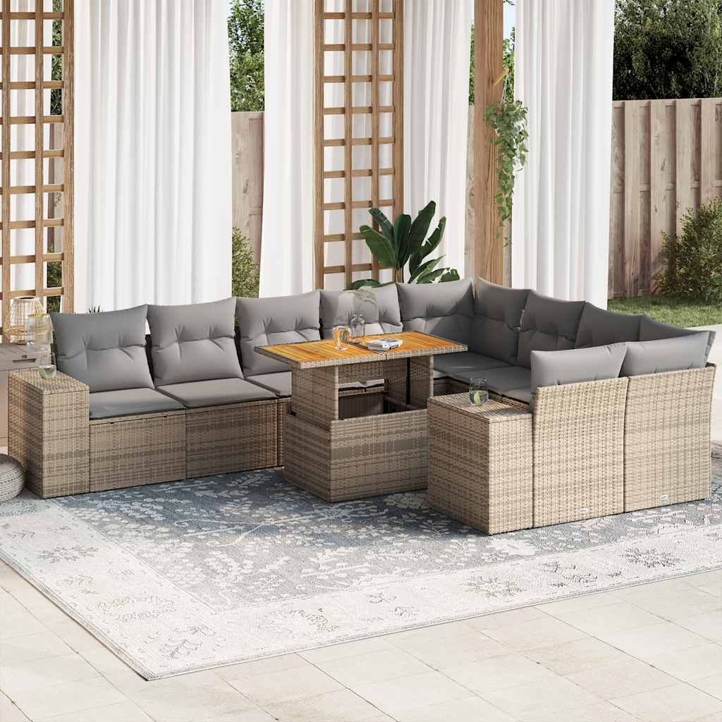 sofasæt til haven 10 dele med hynder polyrattan akacietræ beige