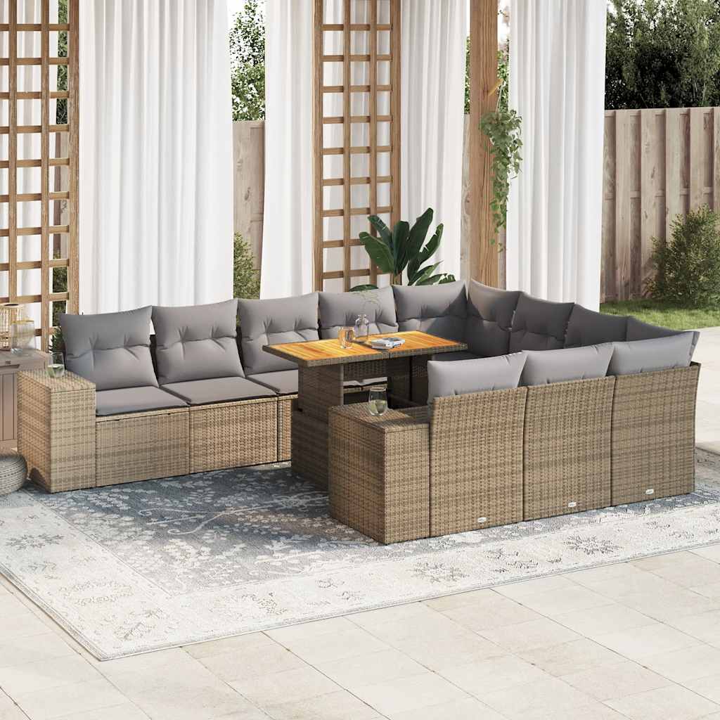 sofasæt til haven 10 dele med hynder polyrattan akacietræ beige