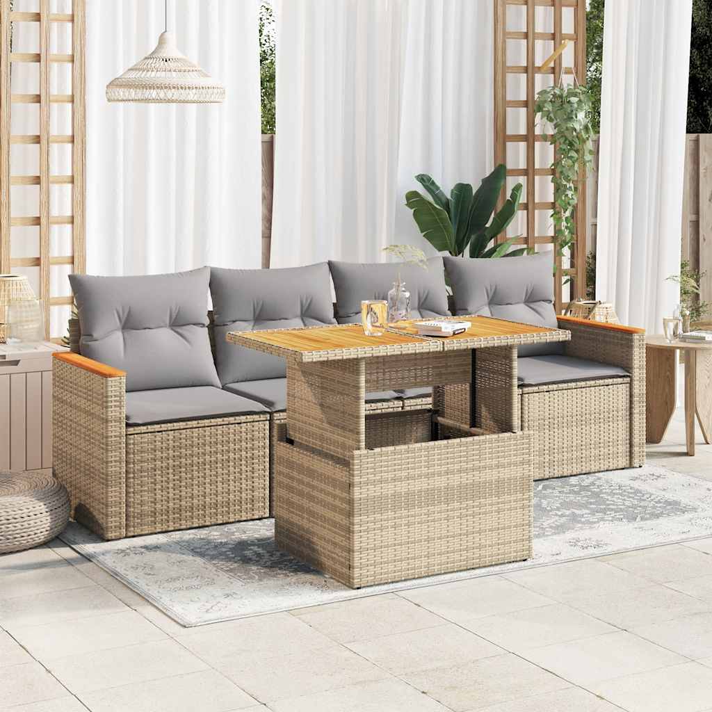 sofasæt til haven 5 dele med hynder polyrattan og akacie beige