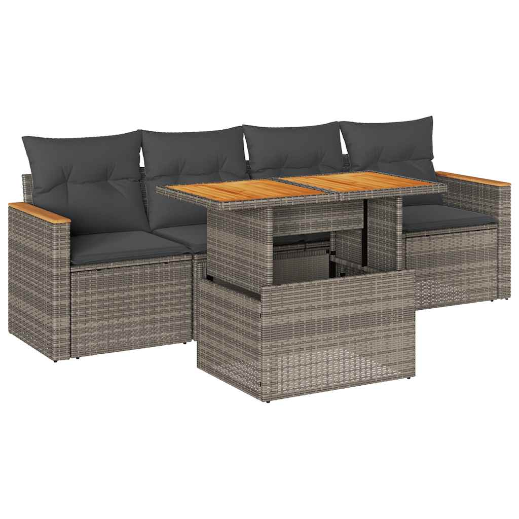 sofasæt 5 dele med hynder polyrattan akacietræ grå