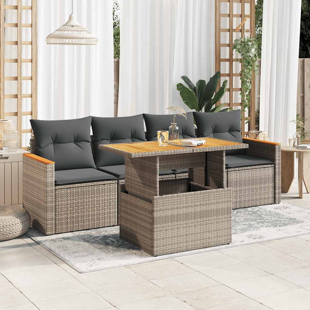 sofasæt 5 dele med hynder polyrattan akacietræ grå