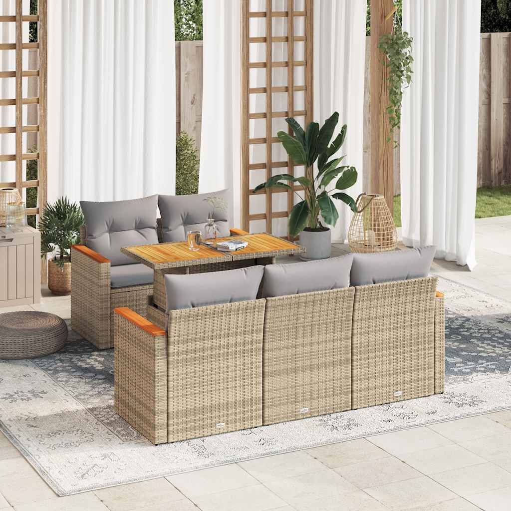 sofasæt til haven 6 dele med hynder polyrattan akacietræ beige