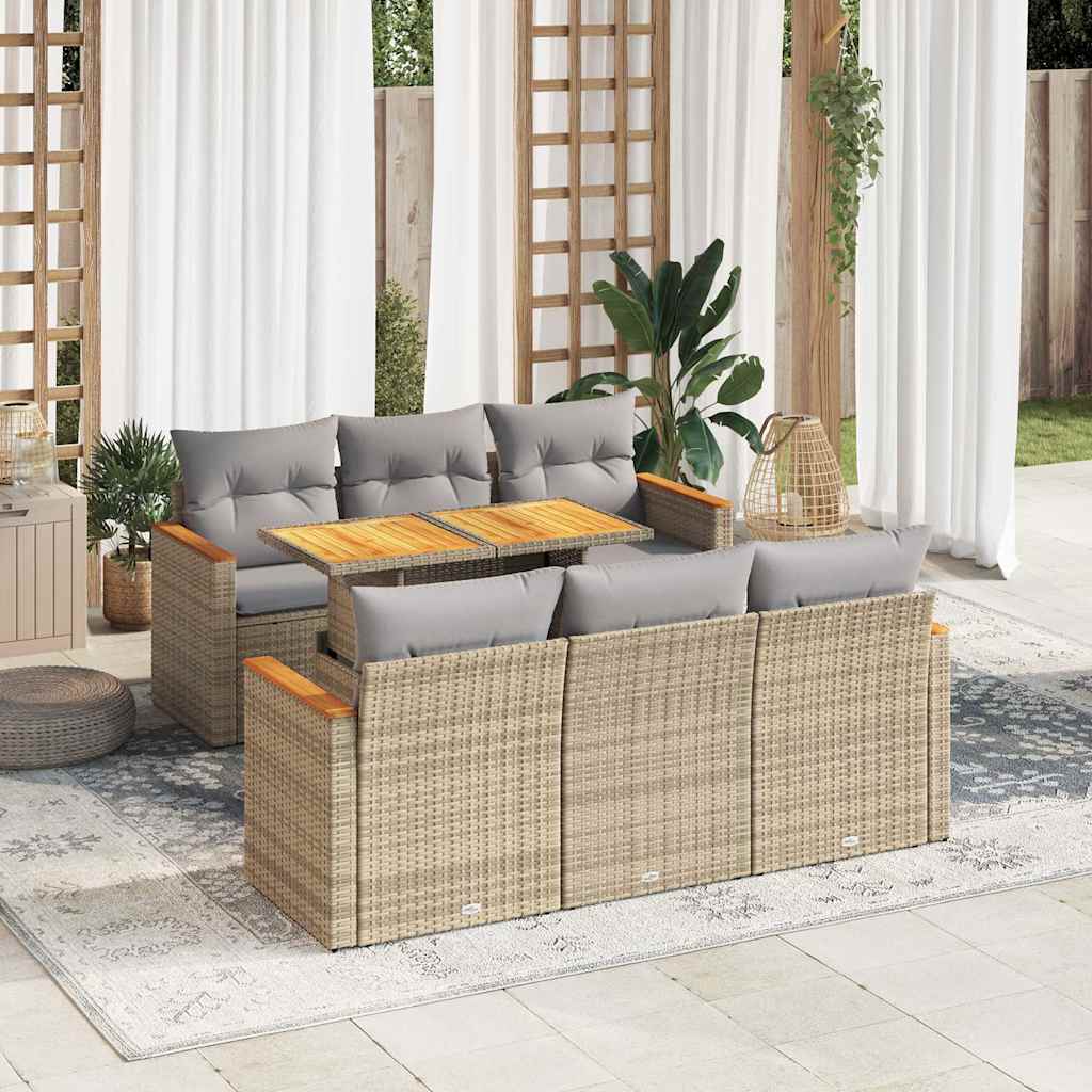 sofasæt til haven 7 dele med hynder polyrattan akacietræ beige
