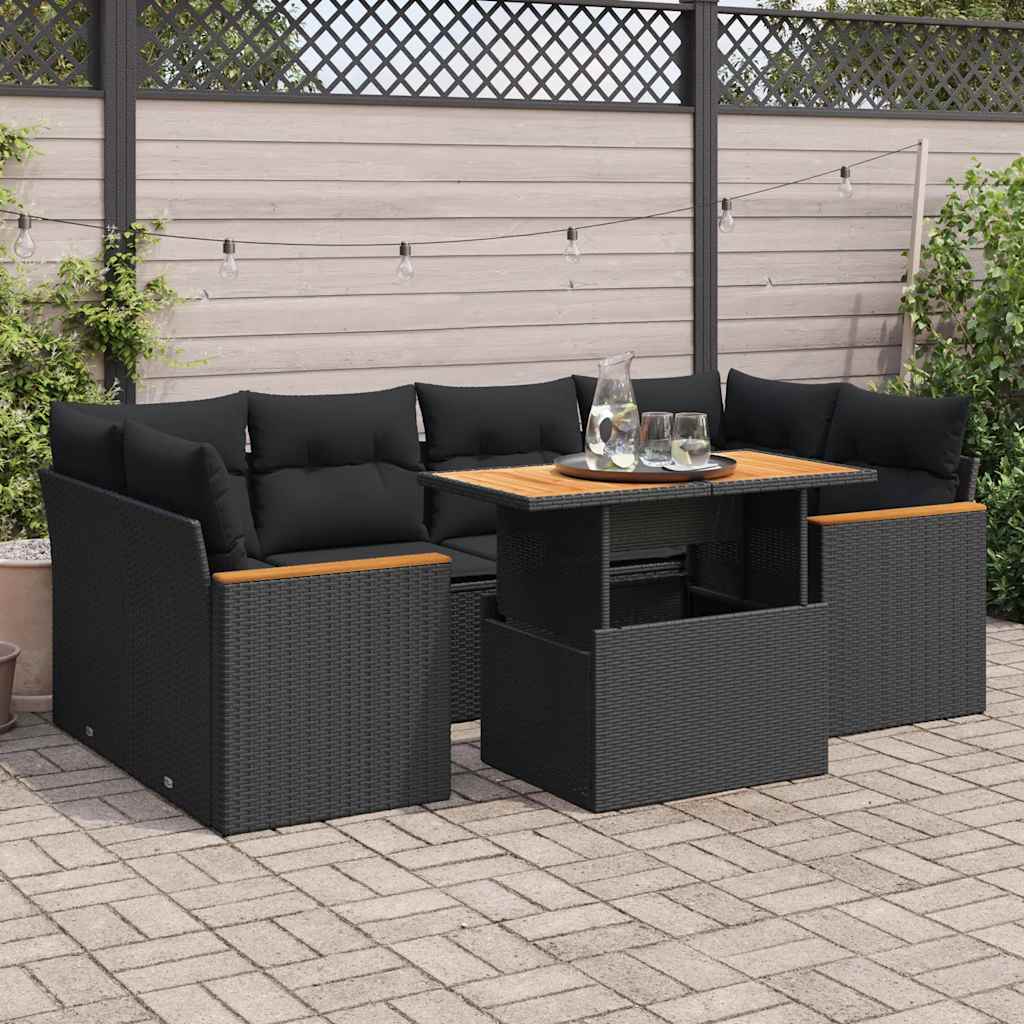 sofasæt til haven 6 dele med hynder polyrattan akacietræ sort