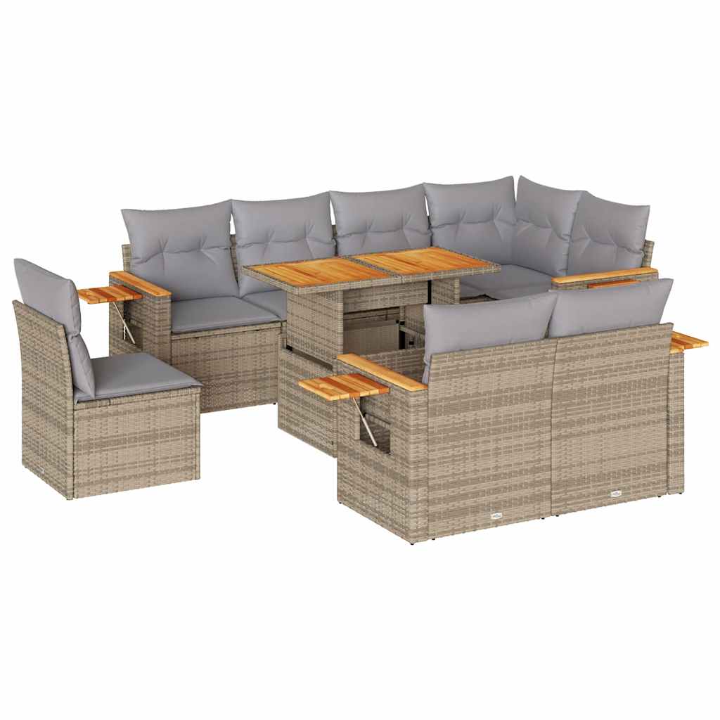 sofasæt til haven 9 dele med hynder polyrattan akacietræ beige