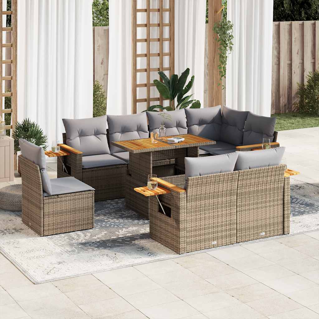 sofasæt til haven 9 dele med hynder polyrattan akacietræ beige