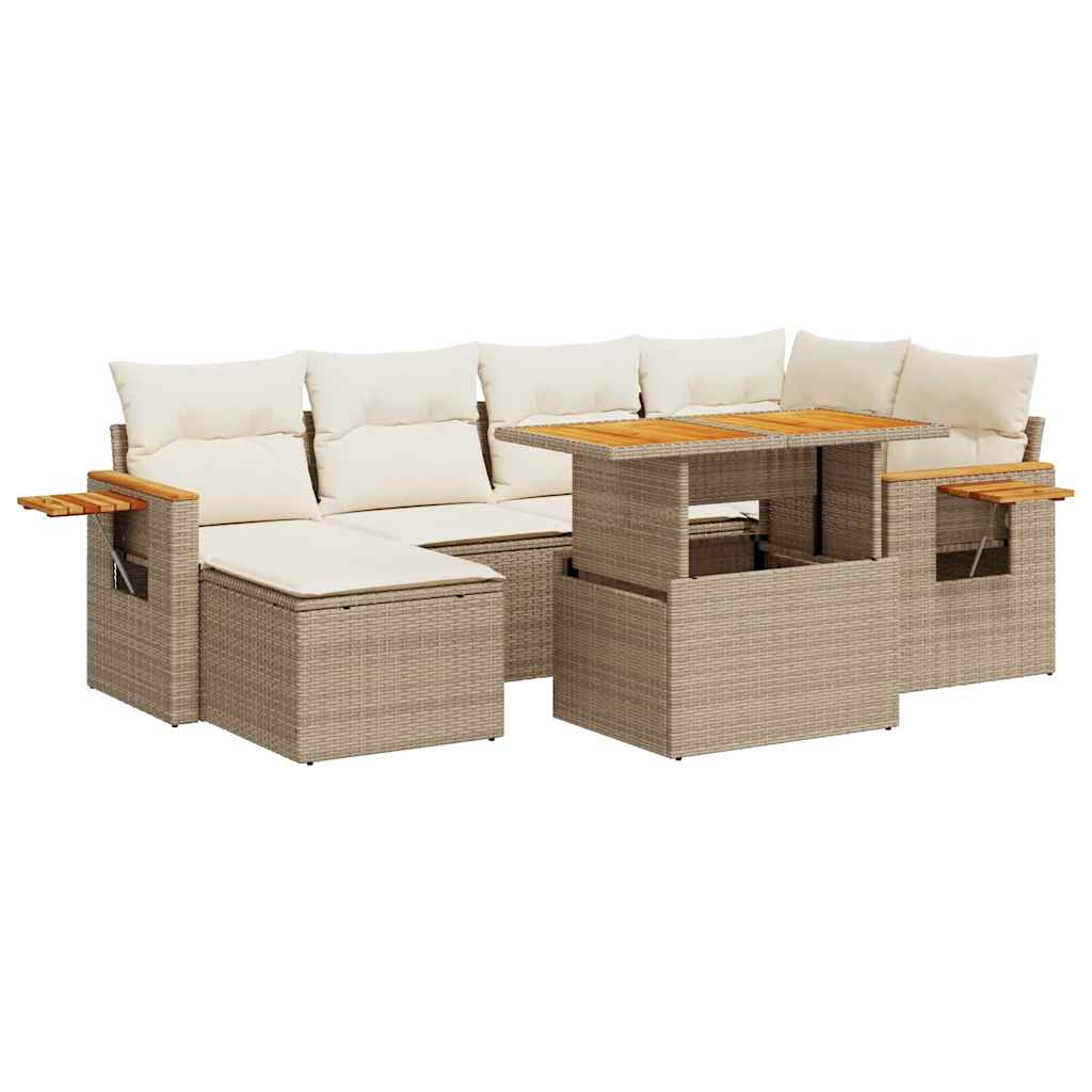 sofasæt til haven 7 dele med hynder polyrattan akacietræ beige