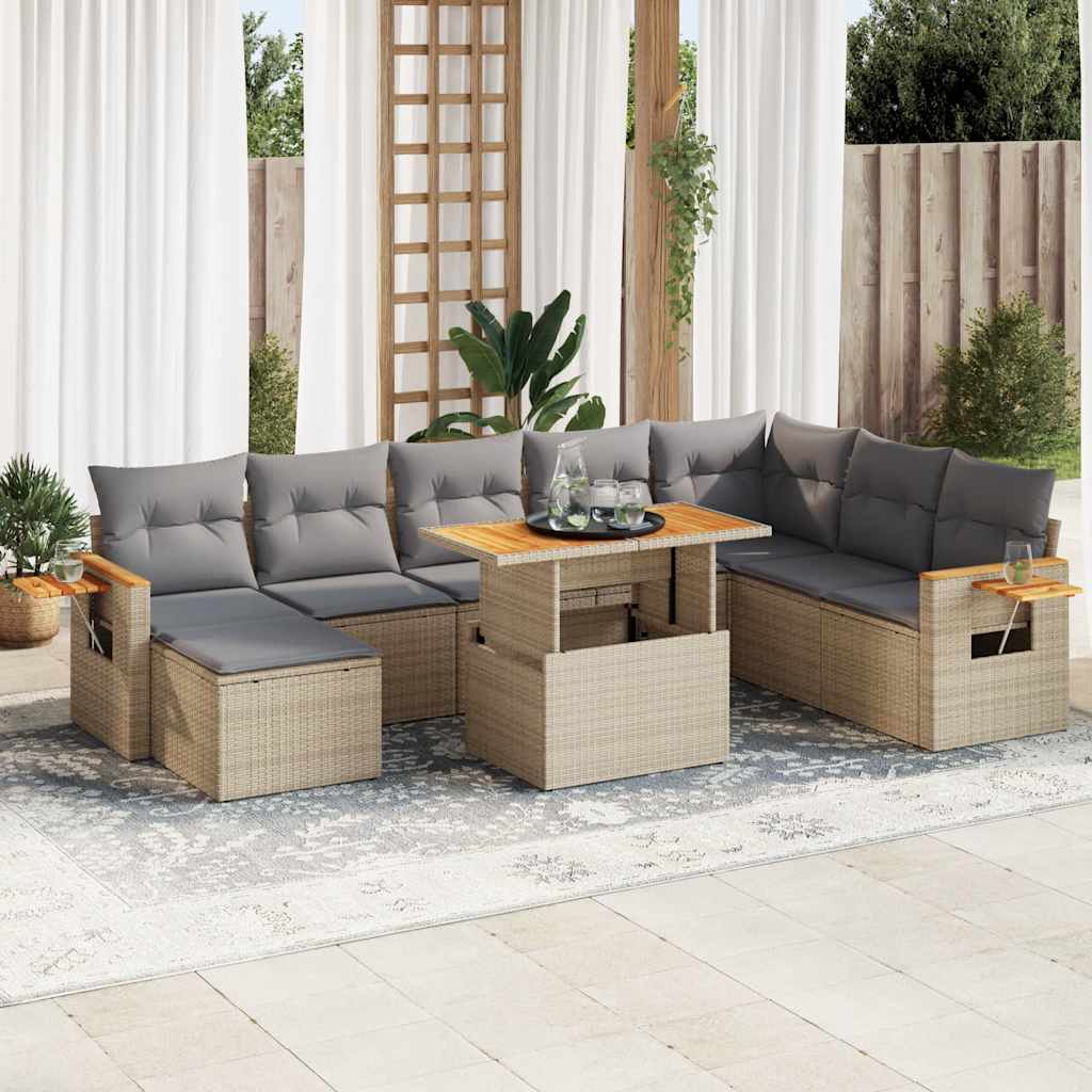 sofasæt til haven 9 dele med hynder polyrattan akacietræ beige