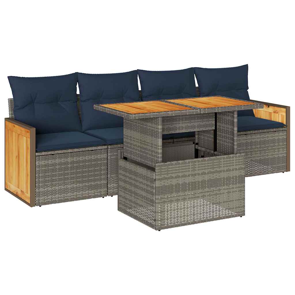 sofasæt 5 dele med hynder polyrattan akacietræ grå