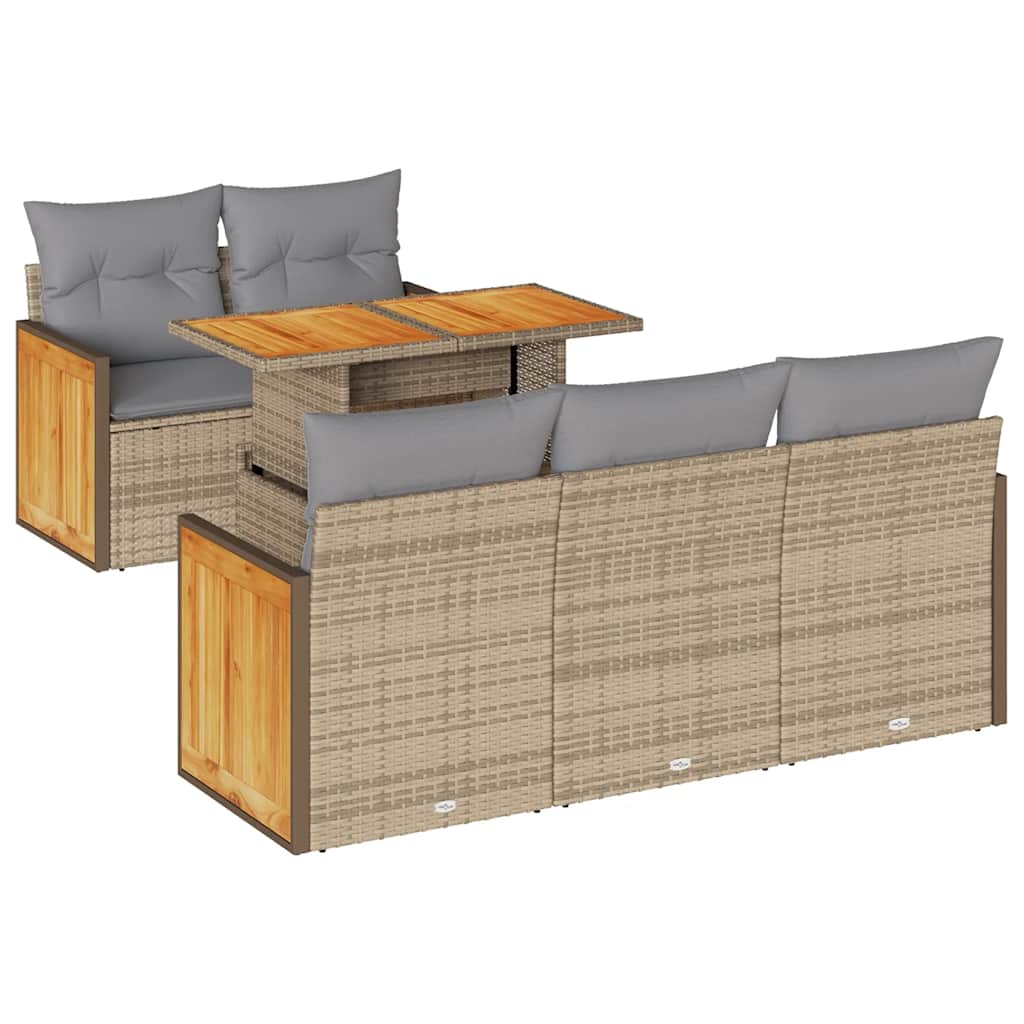 sofasæt til haven 6 dele med hynder polyrattan akacietræ beige