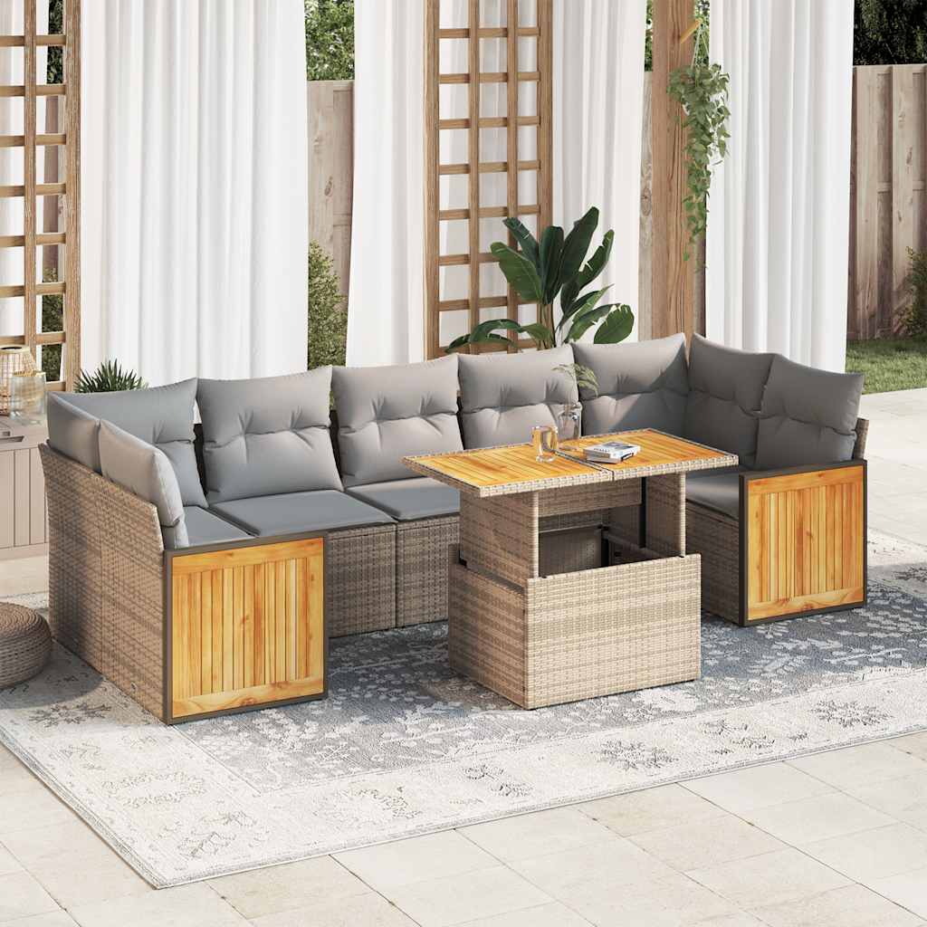 sofasæt til haven 8 dele med hynder polyrattan akacietræ beige