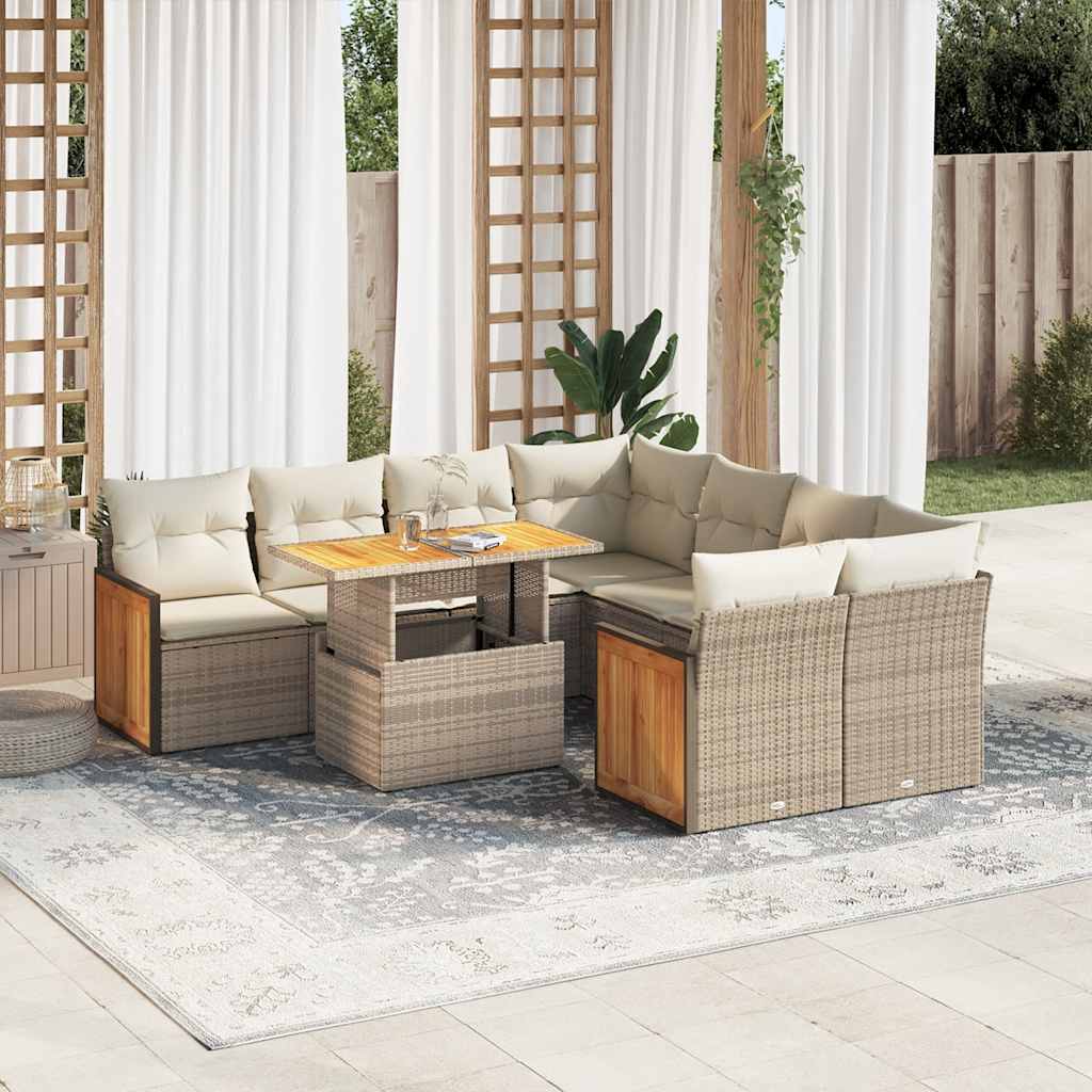 sofasæt til haven 9 dele med hynder polyrattan akacietræ beige
