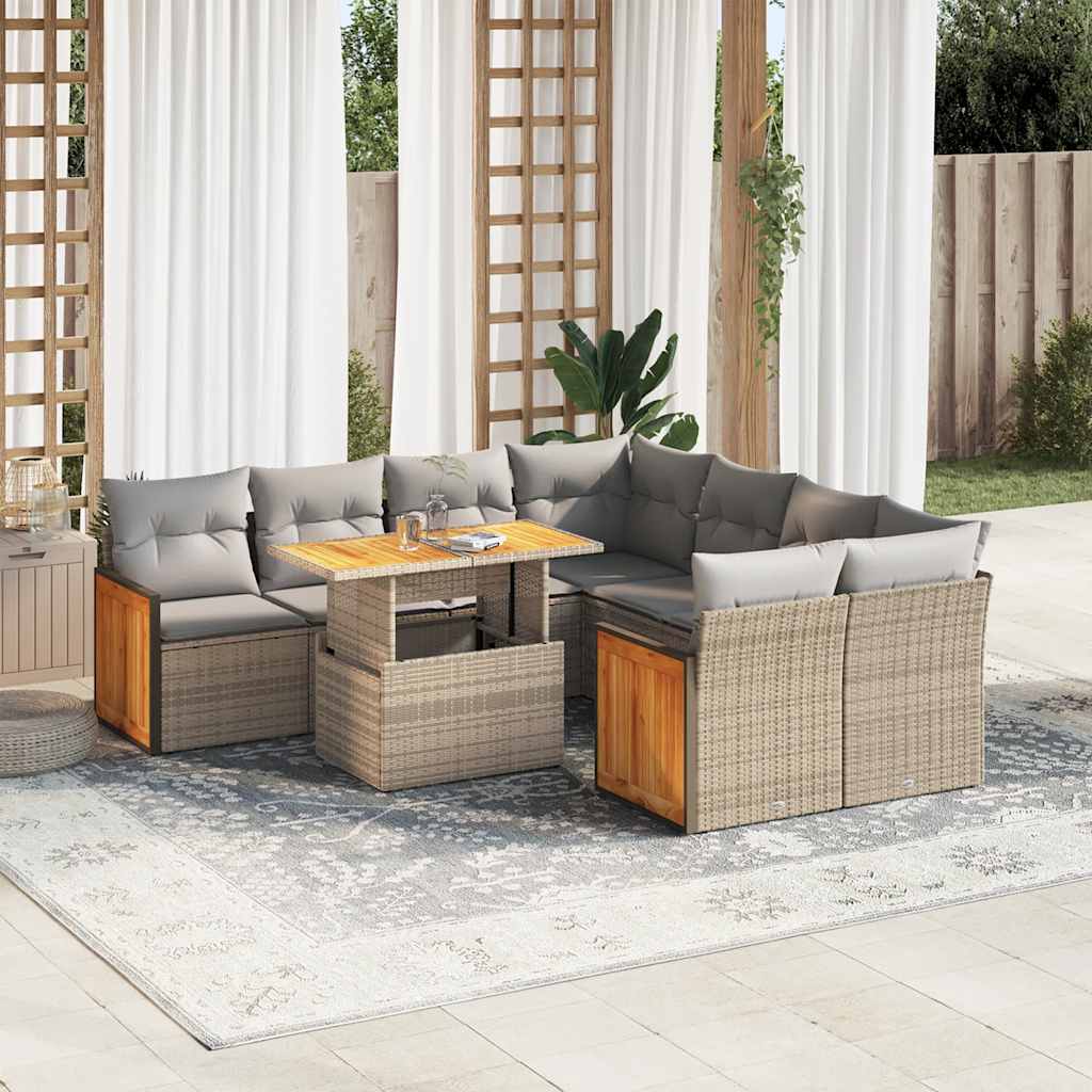 sofasæt til haven 9 dele med hynder polyrattan akacietræ beige