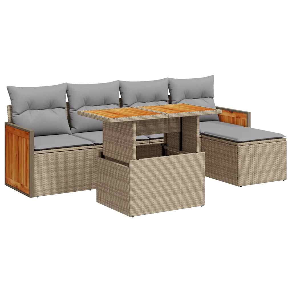 sofasæt til haven 6 dele med hynder polyrattan akacietræ beige