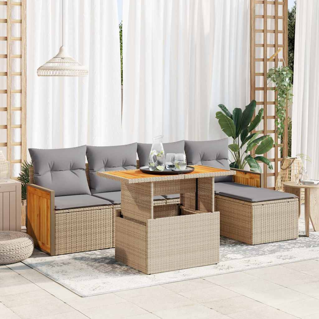 sofasæt til haven 6 dele med hynder polyrattan akacietræ beige