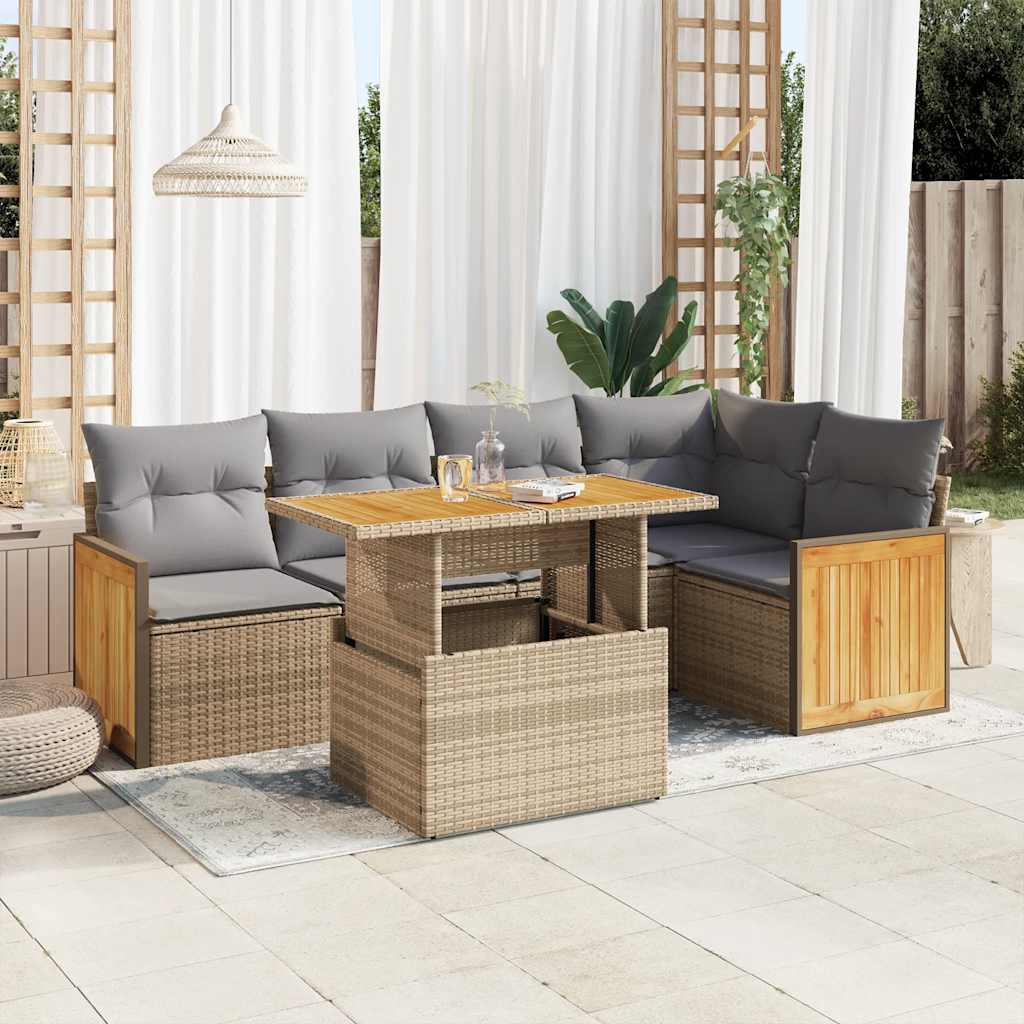 sofasæt til haven 6 dele med hynder polyrattan akacietræ beige