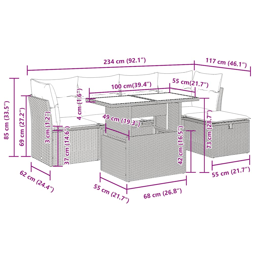 sofasæt til haven 6 dele med hynder polyrattan beige