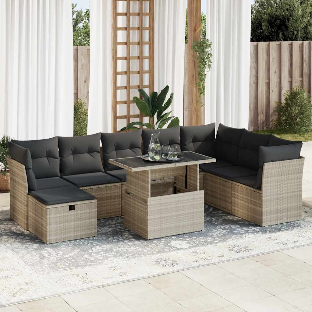 sofasæt til haven 9 dele med hynder polyrattan lysegrå