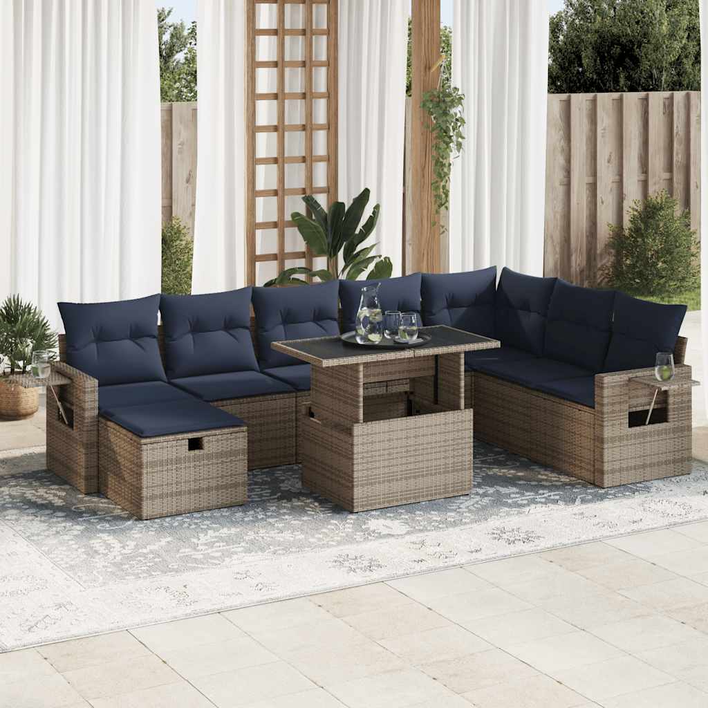sofasæt til haven 9 dele med hynder polyrattan akacietræ grå