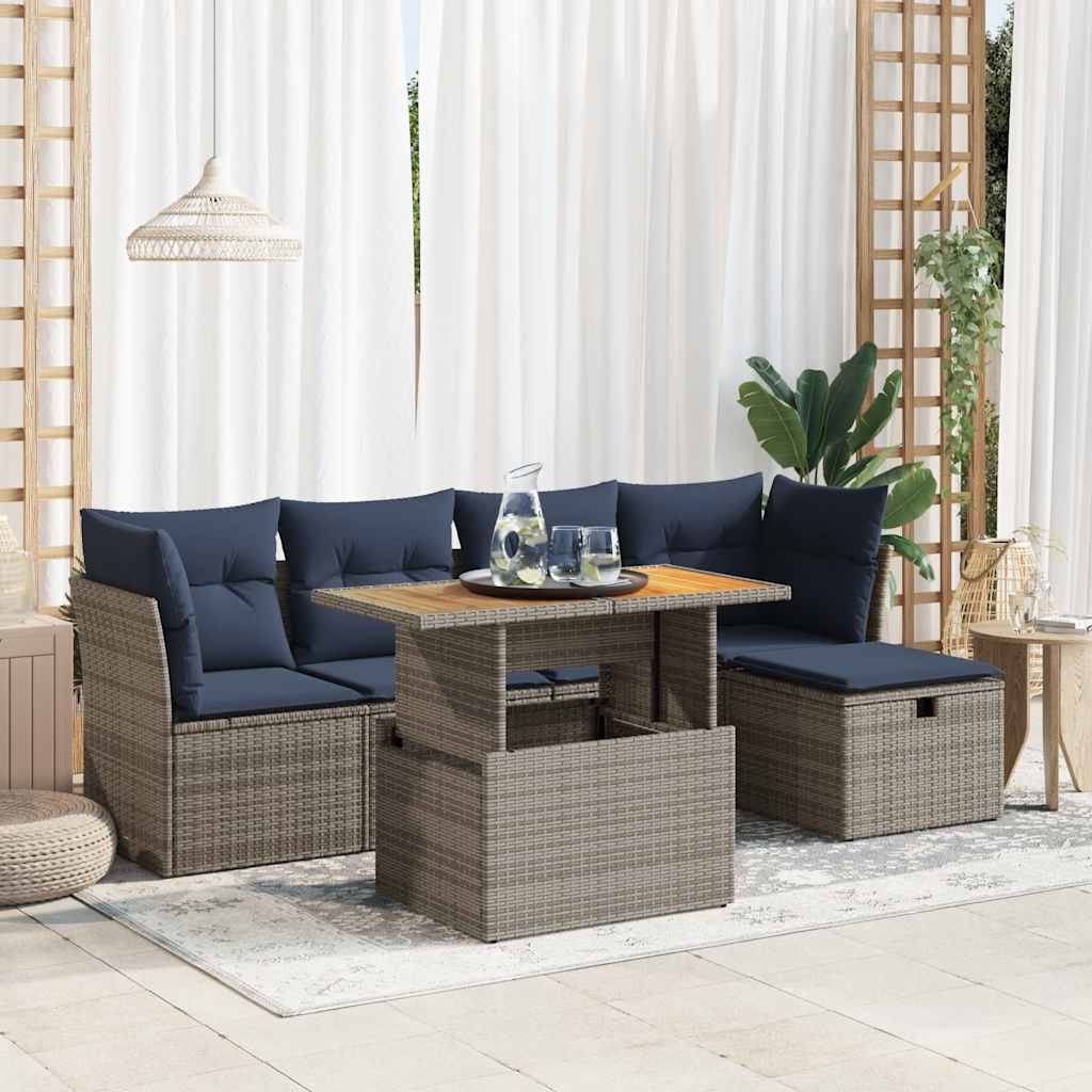 sofasæt til haven 6 dele med hynder polyrattan akacietræ grå