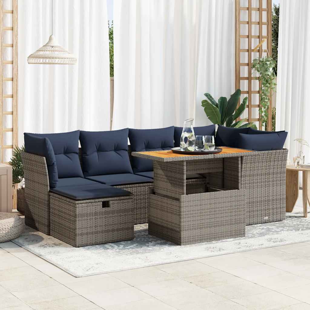 sofasæt til haven 7 dele med hynder polyrattan akacietræ sort