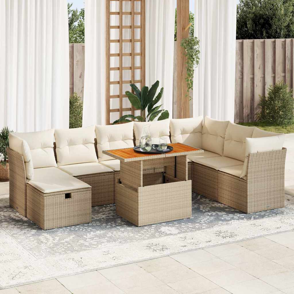 sofasæt til haven 9 dele med hynder polyrattan akacietræ beige