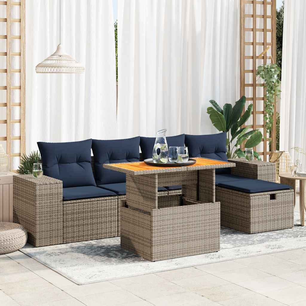 sofasæt til haven 6 dele med hynder polyrattan akacietræ sort