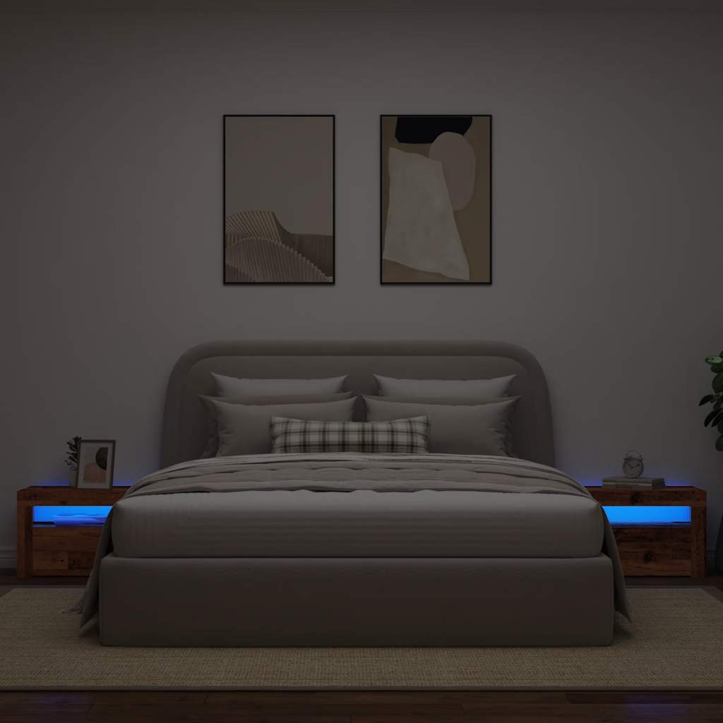 sengeborde med LED-lys 2 stk. 60x35x40 cm antikt træ