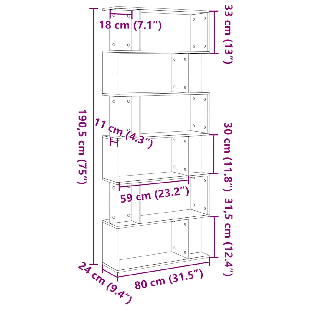 bogreol 80x24x190,5 cm konstrueret træ sort-eg