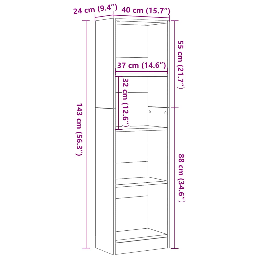 bogreol 40x24x143 cm konstrueret træ sort egetræsfarve