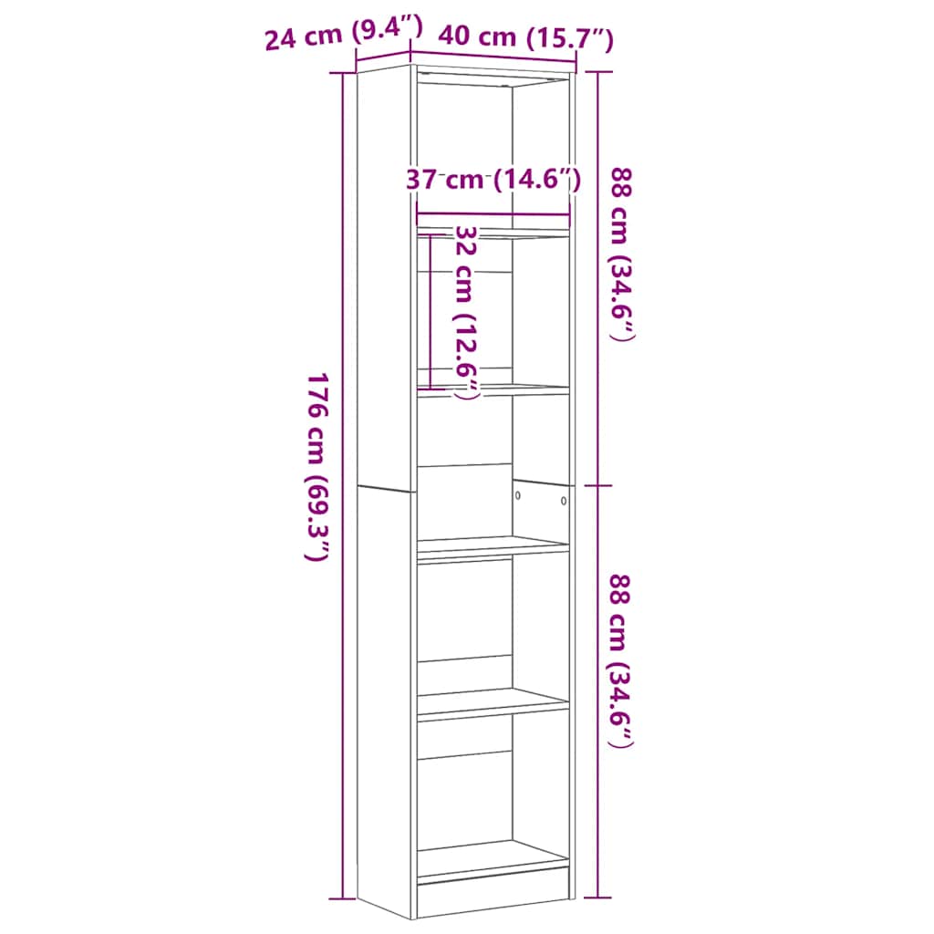 bogreol 40x24x176 cm konstrueret træ sort egetræsfarve
