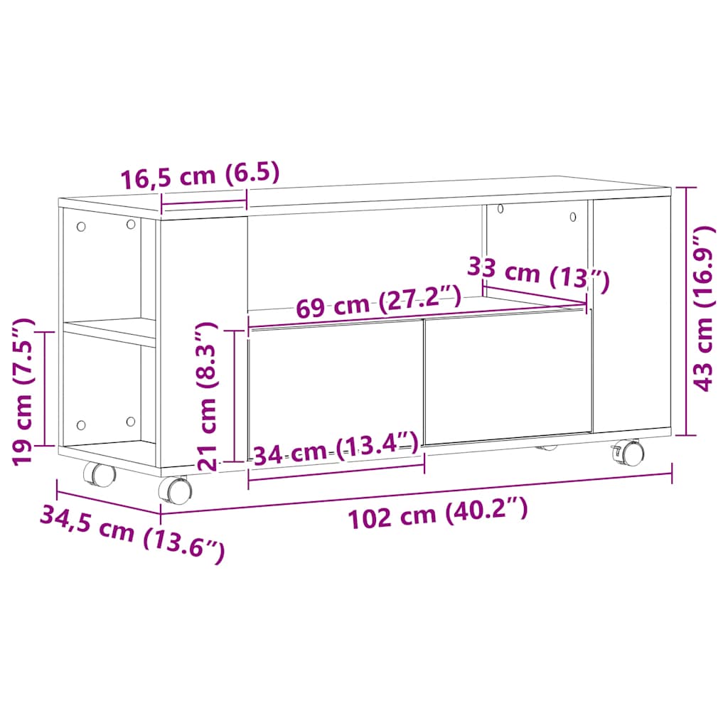 tv-bord med hjul 102x34,5x43 cm konstrueret træ sort egetræ