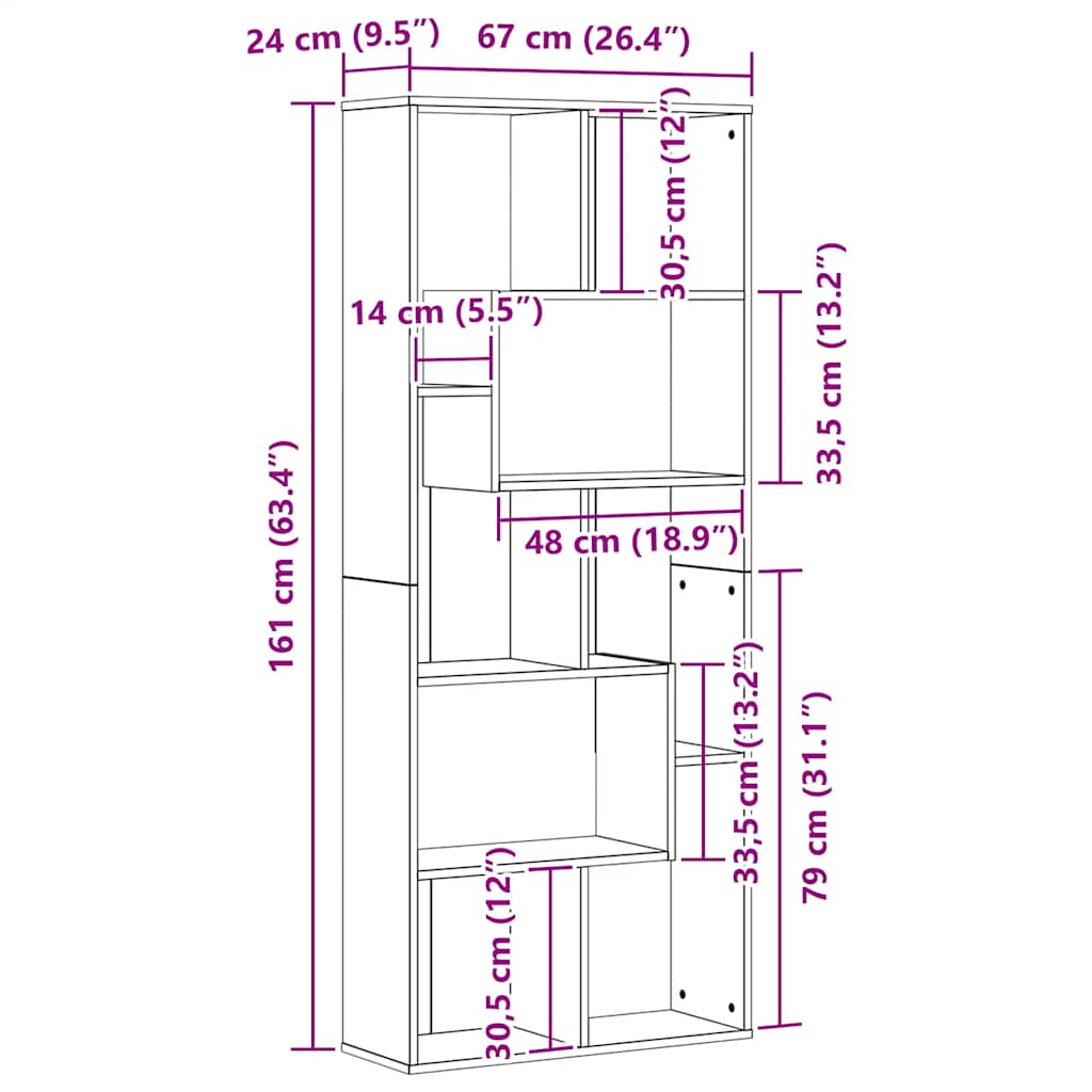 bogreol 67x24x161 cm konstrueret træ sort egetræsfarve