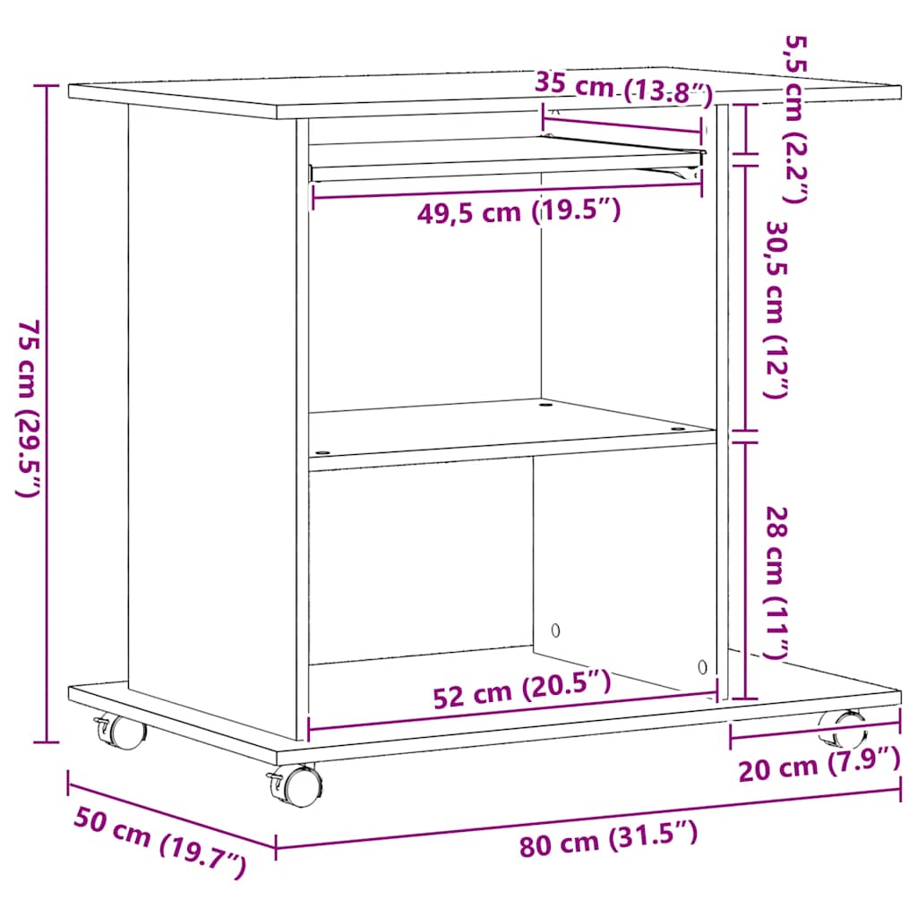 computerbord sort egetræ 80x50x75 cm konstrueret træ