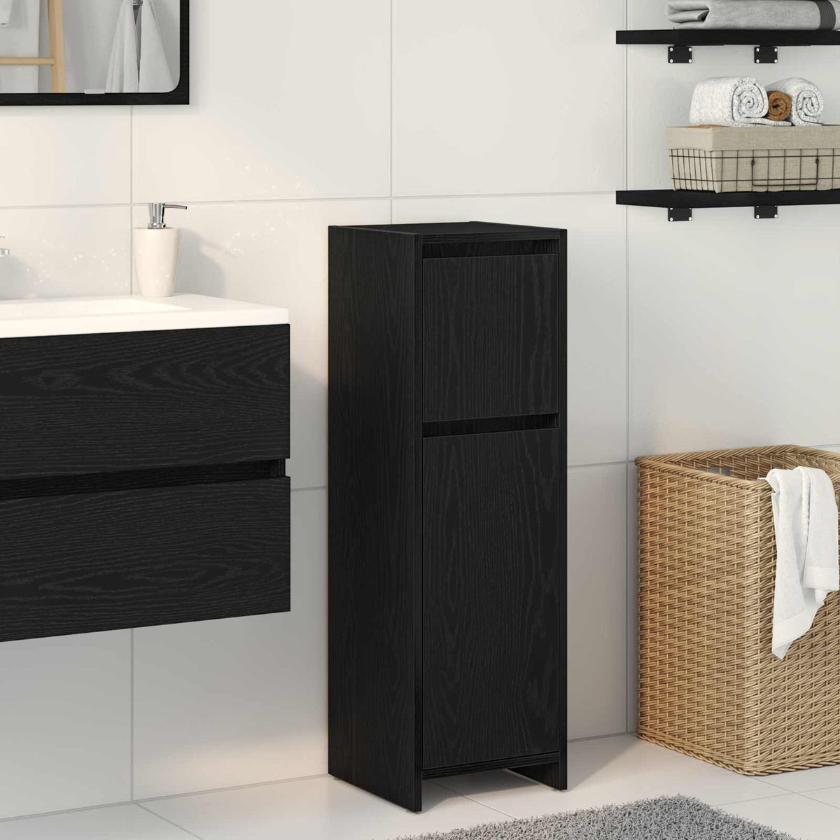 Badeværelsesskab Sort eg 30 x 30 x 95 cm Konstrueret træ